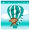 Illustration with funny monkey flying on the air balloon in the sky