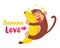 Illustration of Funny vector cartoon monkey hugging a banana with his tongue hanging out. Ð¡oncept of hungry animal.