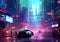 Illustration of a futuristic city at night with evening traffic and evening lights atmosphere.