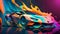 An illustration of a futuristic sports car surrounded by colorful splashes. AI generated
