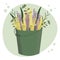 Illustration on a garden theme, a painted bucket with a bouquet of different flowers on an abstract background. Decor for posters