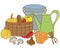 Illustration of garden tools and harvest basket