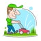 Illustration Of A Gardener Wearing Hat And Overalls With Lawnmower Mowing Lawn Viewed From Front Set On Isolated