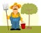 Illustration, gardening, funny full mustachioed farmer with a bucket and pitchfork on the background of nature.
