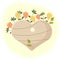 Illustration, gardening, wooden plate - heart with flowers on a gentle background. Icon