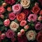 Illustration, Generative AI, realistic roses of different colors, beautiful floral background, top view