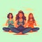 Illustration, Generative AI, simple cartoon three beautiful girls doing yoga