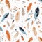 Illustration, Generative AI, tiny cute boho flowers and feathers, on a light background with leaves, earthy color palette,