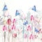 Illustration with gentle vector pink tulip and crocus flowers, blue butterflies, spring style