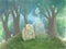 Illustration of a ghost near his grave in the background of the forest. An old abandoned grave and next to it a soul, the spirit