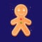 Illustration of a gingerbread man in white glaze on a dark blue background.