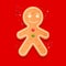Illustration of a gingerbread man in white glaze on a red background.