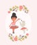 Illustration of girl ballerina with poodle puppy