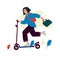 Illustration of a girl on an electric scooter. Vector. A woman in a hurry to study or work. Youth business female image. Asian loo