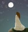 Illustration of a girl in a long light dress against the background of the starry night sky and the full moon. Ghost, princess,