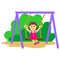 Illustration of girl playing on a swing. kids games in summer outdoor flat drawing