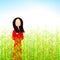 Illustration of girl standing in flower field