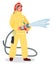 Illustration of a girl wearing fireman costume with helmet and holding fire hose isolated on white