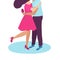 Illustration of a girlfriend and boyfriend in love cuddling while standing on the shoulders. guy holds a rose