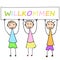 Illustration of girls holding a welcome` placard`