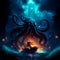 Illustration of a glowing octopus on a background of the sea and a ship Generative AI