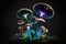 Illustration of a glowing psychedelic mushroom on dark background. Generative AI