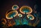 Illustration of a glowing psychedelic mushroom on dark background. Generative AI