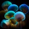 Illustration of a glowing sea jellyfishes underwater created with AI generator
