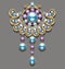 Illustration gold brooch with pearls and precious stones.