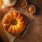 Illustration of a golden bundt cake on a rustic table with spices, a bowl of batter, and cinnamon sticks. Warm, inviting