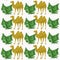Illustration of golden camel and green leaf patterns on a white background