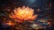 Illustration of a golden lotus flower glowing amidst a mystical, dark aquatic scene with other lotus flowers and leaves,