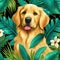 illustration Golden Retriever dog in tropical forest with plants and brightly colored flowers