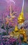 Illustration with golden temple and pink flowers