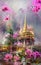 Illustration with golden temple and pink flowers