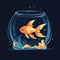 Illustration of a goldfish in a small glass aquarium.