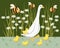 Illustration, goose with cute goslings in a meadow with daisies and funny bees. Colorful design, children\\\'s print