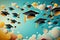 Illustration of graduation caps thrown into air. Generative AI