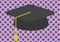 Illustration of graduation hat over rows of blue dots on pink background