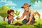 Illustration of a grandfather with his little granddaughter planting a sprout of a green tree, transferring experience