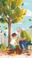 Illustration of a grandfather with his little grandson planting a sprout of a green tree, transferring experience and