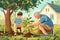 Illustration of a grandfather with his little grandson planting a sprout of a green tree, transferring experience and