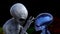 Illustration of a gray alien touching the forehead of a blue extraterrestrial in space with a red and green nebula in the