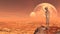 Illustration of a gray alien waving goodbye atop a mountain peak with moons in the background on a red world