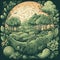 Illustration with green earth globe in center surrounded green trees, plants. AI generated