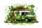 Illustration of a green food truck promoting eco-friendly practices and emphasizing cleanliness