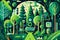 Illustration of green forest with icons of Environmental technology and renewable energy concept?