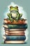 Illustration of a green frog sitting on a pile of books