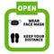 An illustration of green open sign with reminder to wear face mask and keep distance on white background.