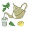 Illustration, green tea with lemon and mint, hand-drawn retro teapot with a glass, leaves and lemon.